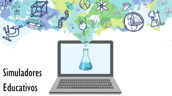 Ilustración de una computadora portátil de la que emerge un laboratorio virtual, representando la simulación por computadora como herramienta clave en la educación en ingeniería y ciencias.