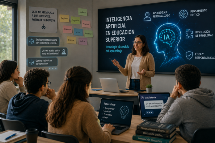 Docente universitaria utilizando inteligencia artificial como apoyo al aprendizaje mientras guía a estudiantes en una clase enfocada en pensamiento crítico, aprendizaje personalizado e innovación educativa.