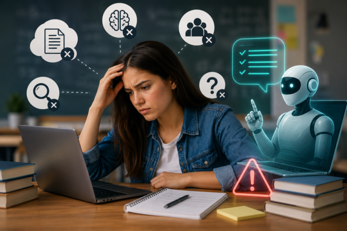 Estudiante utilizando herramientas de inteligencia artificial en educación para analizar información y desarrollar pensamiento crítico.