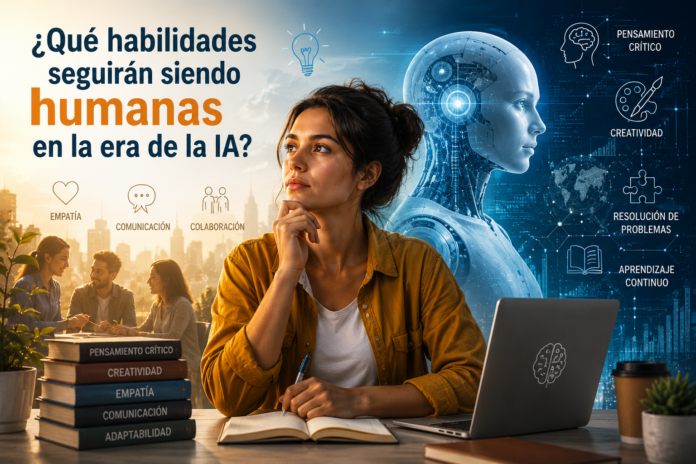 Una estudiante reflexiona frente a su computadora mientras una figura de inteligencia artificial simboliza el futuro de la colaboración entre humanos y tecnología. La imagen destaca habilidades como el pensamiento crítico, la creatividad, la empatía, la comunicación y el aprendizaje continuo como competencias esenciales en la era de la IA.