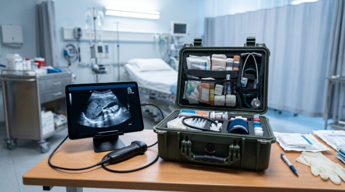 Dispositivo de ultrasonido portátil con sonda y tableta junto a un maletín médico de emergencia