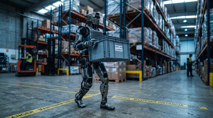 Robot humanoide industrial cargando una caja en un almacén moderno