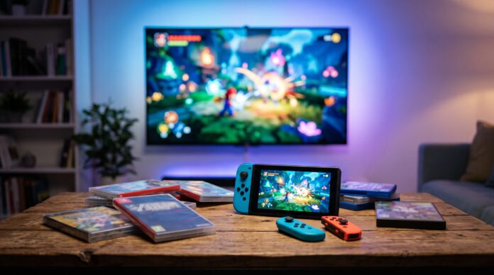 Cajas de videojuegos, consola híbrida y controles frente a un televisor encendido