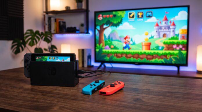 Consola híbrida conectada a su base frente a un televisor con un juego colorido