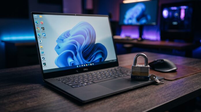 Laptop con Windows 11 y un candado de seguridad sobre un escritorio